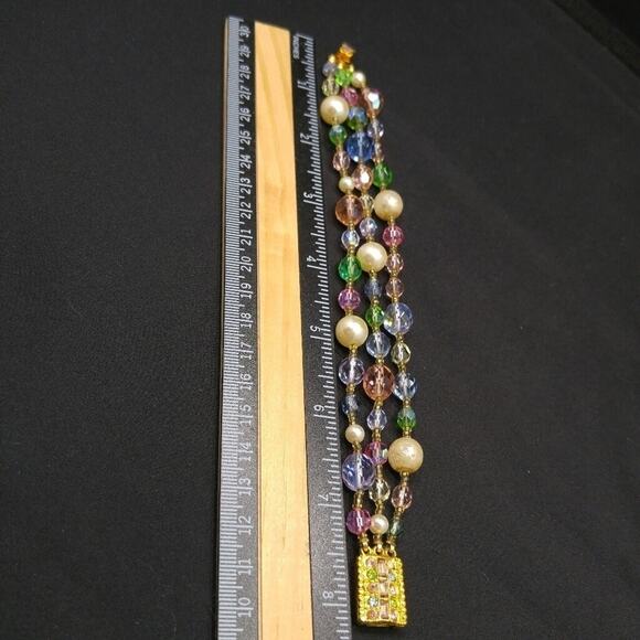 Vintage Beaded Crystal Bracelet, 3 Strands, Graziano Pastel Crystal Beads, 8 In. - Picture 6 of 11